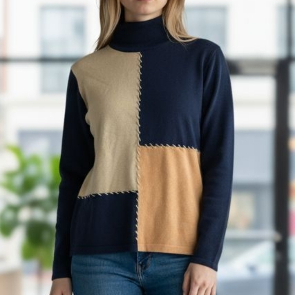 Graffiti Fall Black and Tan Patchwork Turtleneck Sweater